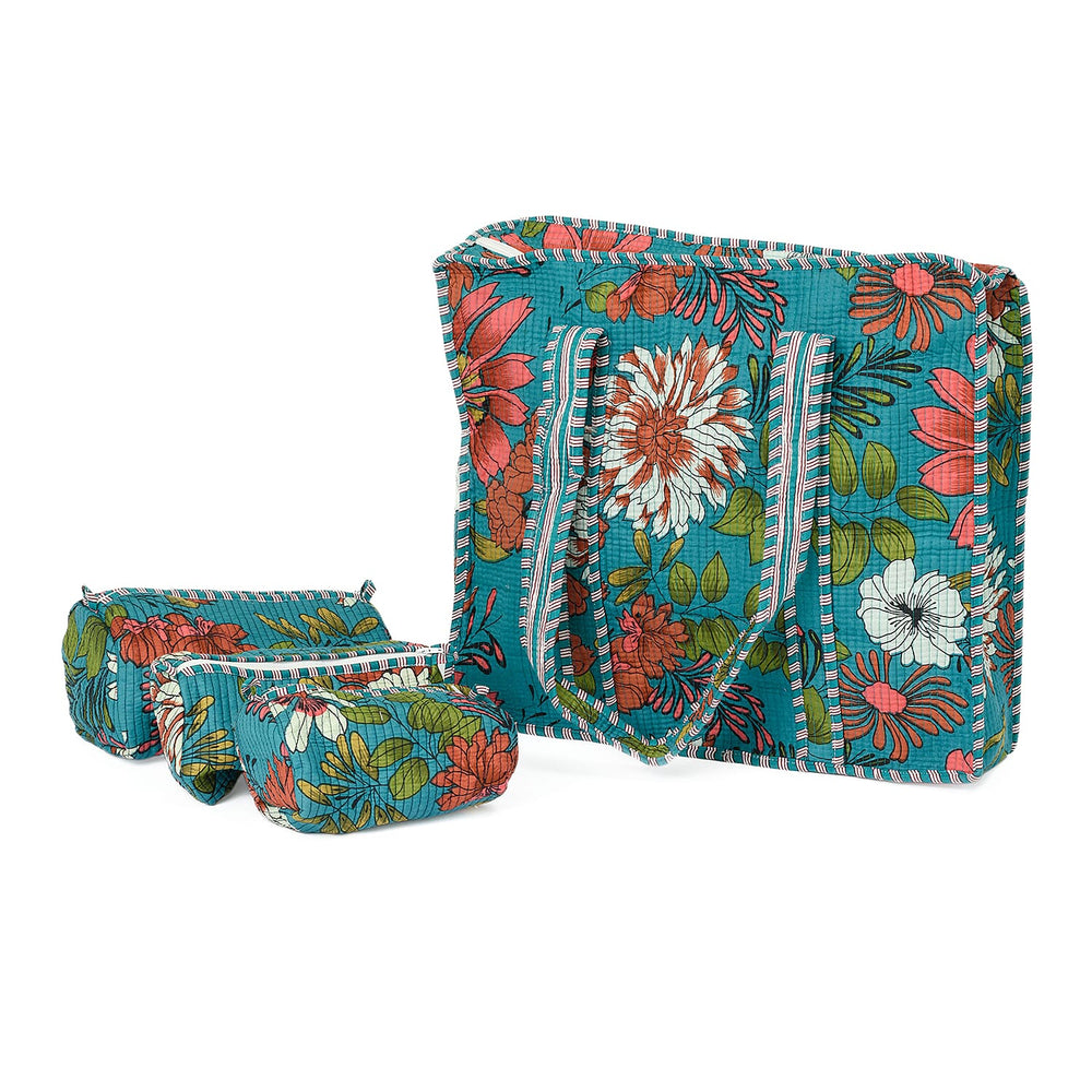 Set of 4 Pure Cotton Zipper Tote Bag with Pouches - Green