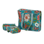 Set of 4 Pure Cotton Zipper Tote Bag with Pouches - Green