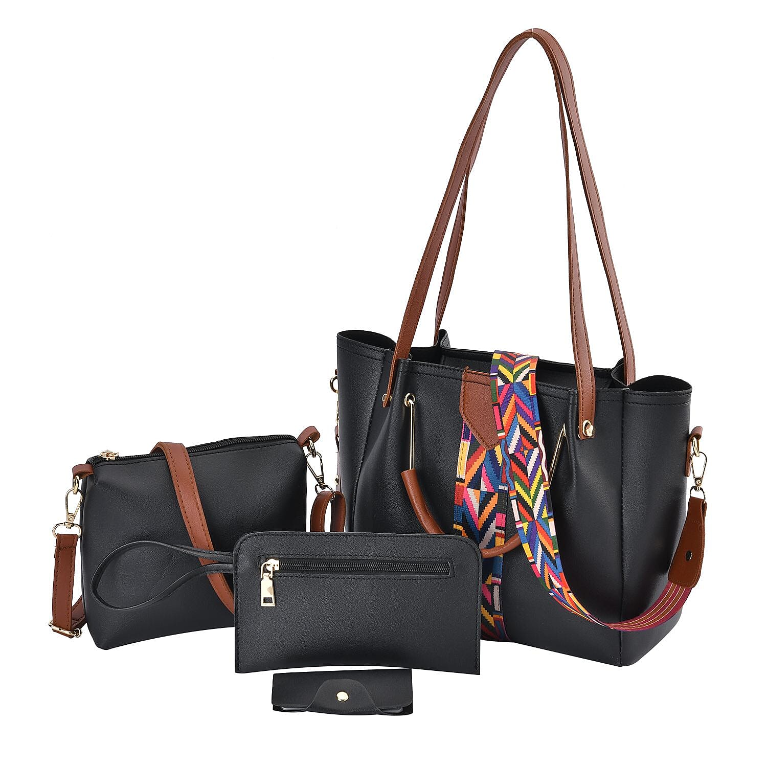 Set of 4 - Tote Bag, Crossbody Bag, Clutch Bag & Wallet - Black