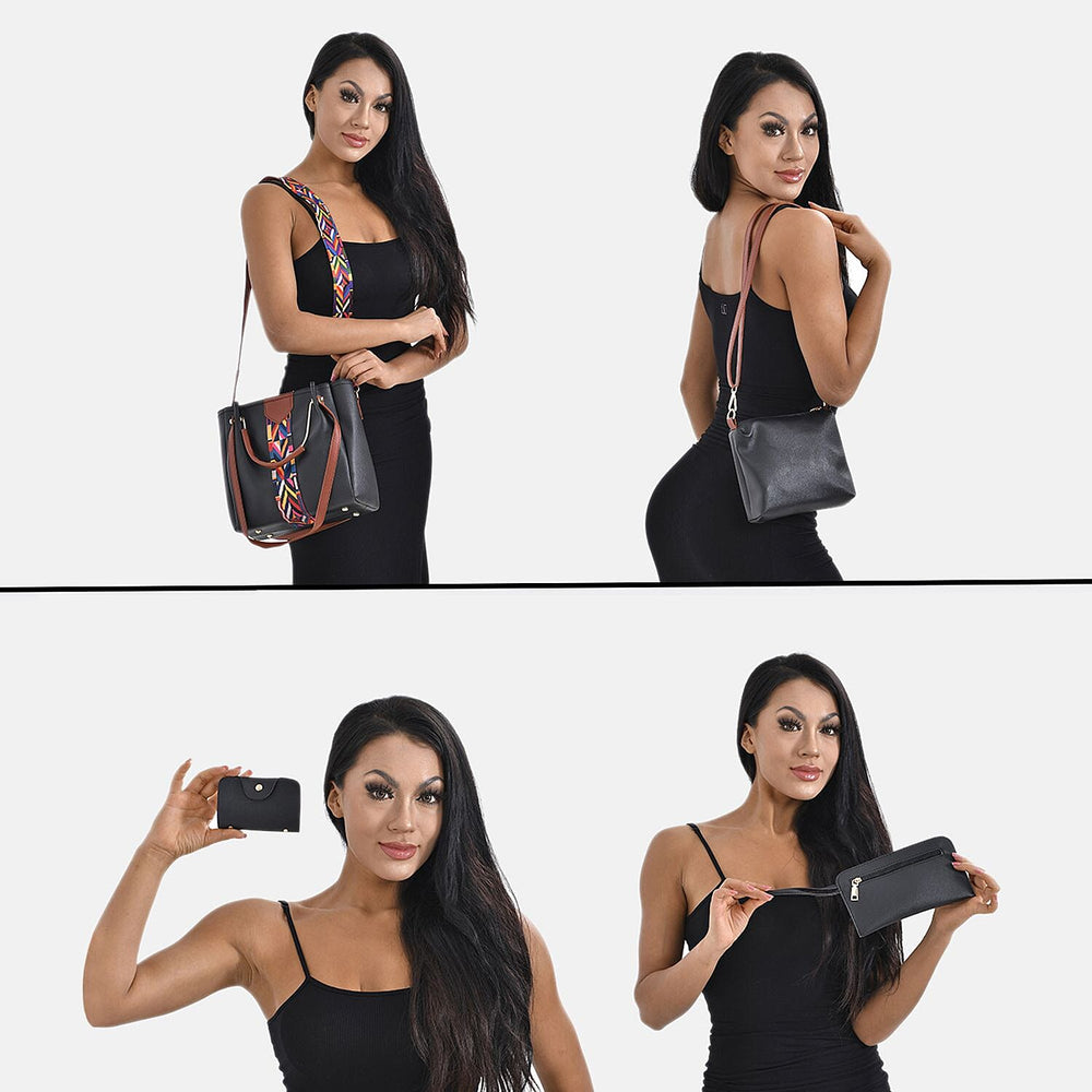 Set of 4 - Tote Bag, Crossbody Bag, Clutch Bag & Wallet - Black