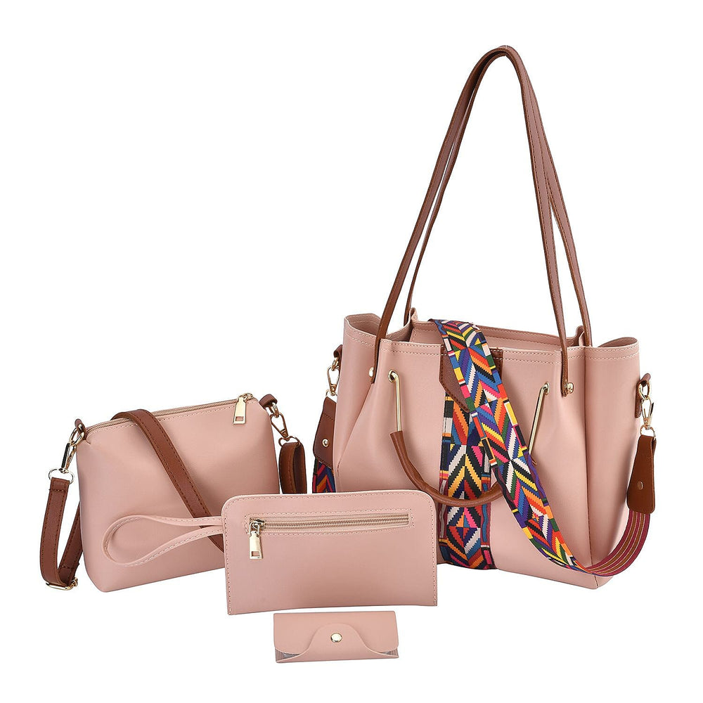 Set of 4 - Tote Bag with Handle Drop, Card Holder, Crossbody and Clutch Bag with Long Strap - Peach