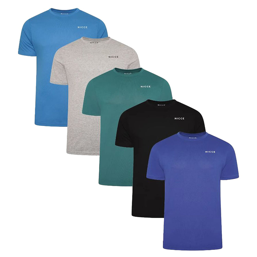 NICCE 100% Cotton Mens 5 Pack T-Shirt (Size L - 41-42 inch chest) - Dark Blue, Light Grey, Sea Blue, Black, Green
