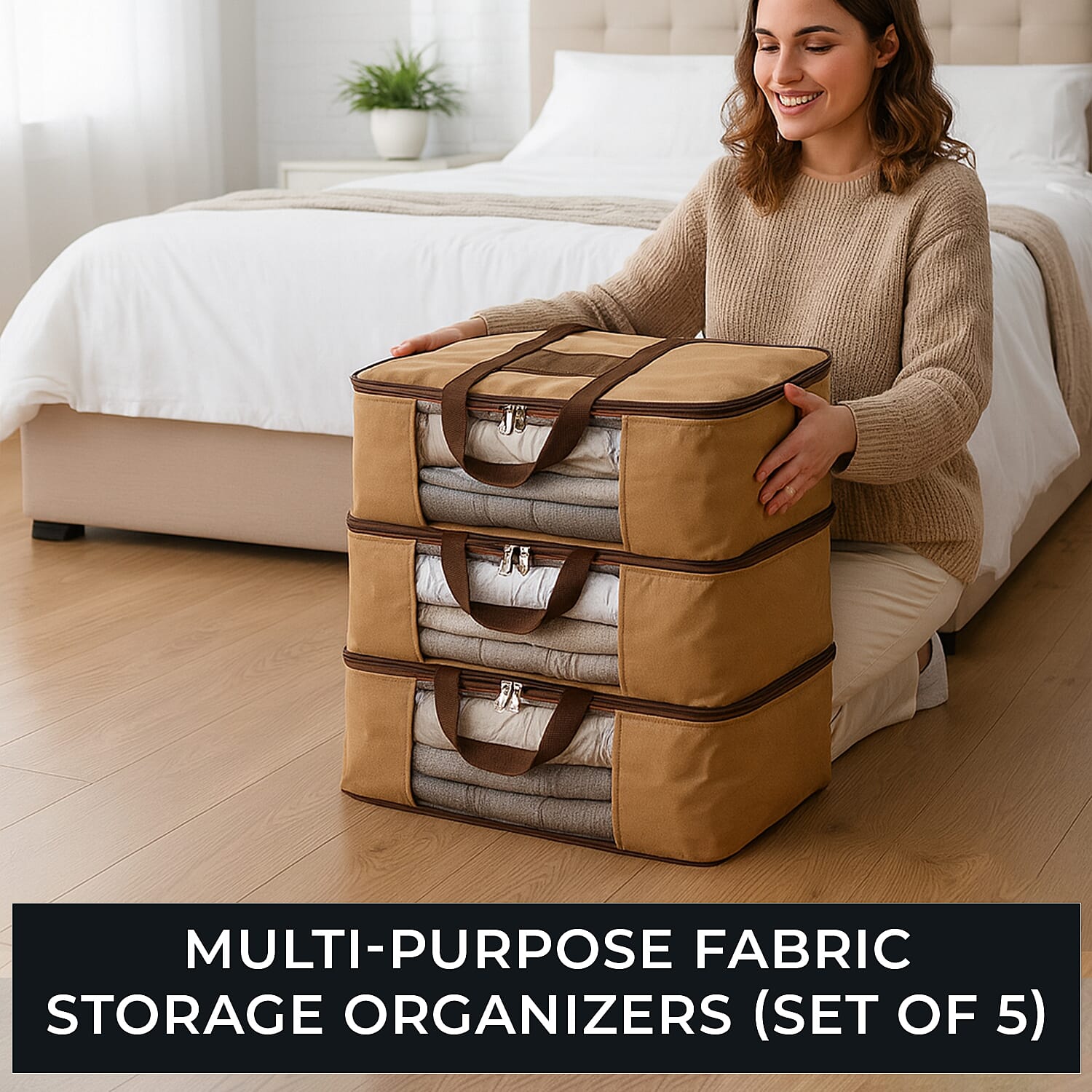 Set of 5 Non-Woven Fabric Storage Bags - Beige