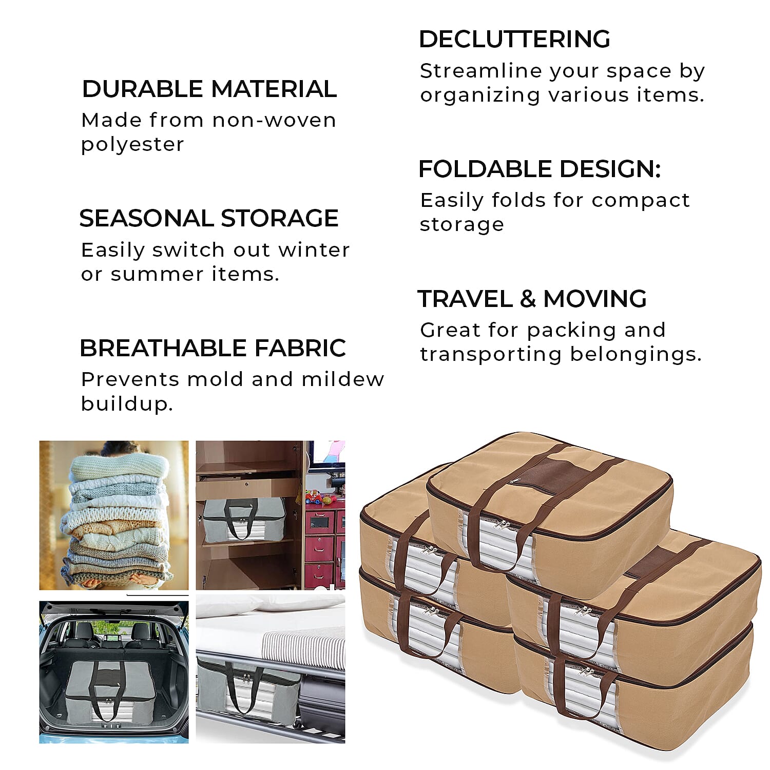 Set of 5 Non-Woven Fabric Storage Bags - Beige
