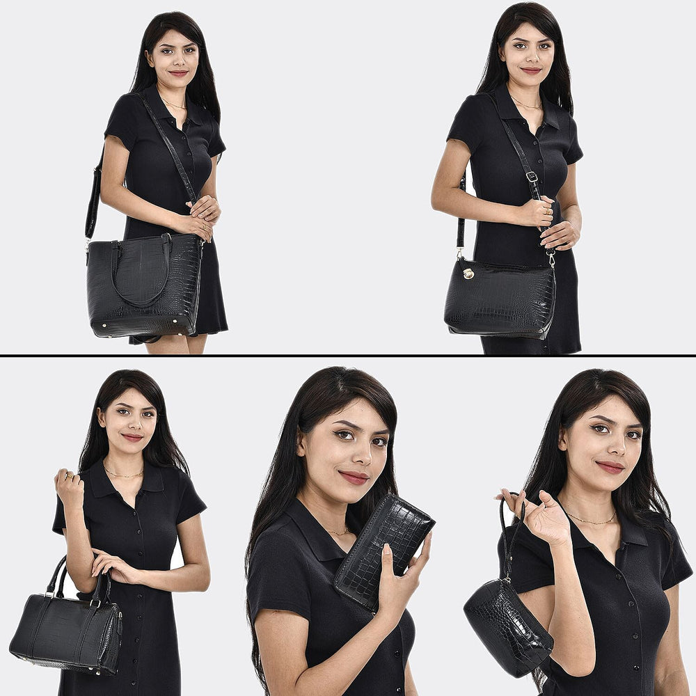 Set of 6 Croc Embossed Pattern Handbags (Incl. Tote Bag, Boston Bag, Crossbody Bag, Wallet, Wrist Bag, - Key Bag - Black