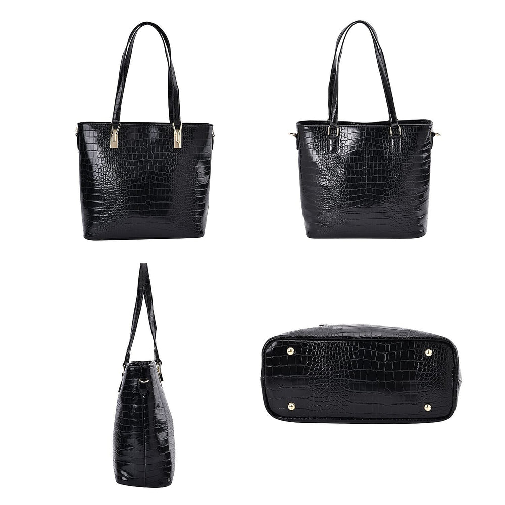 Set of 6 Croc Embossed Pattern Handbags (Incl. Tote Bag, Boston Bag, Crossbody Bag, Wallet, Wrist Bag, - Key Bag - Black