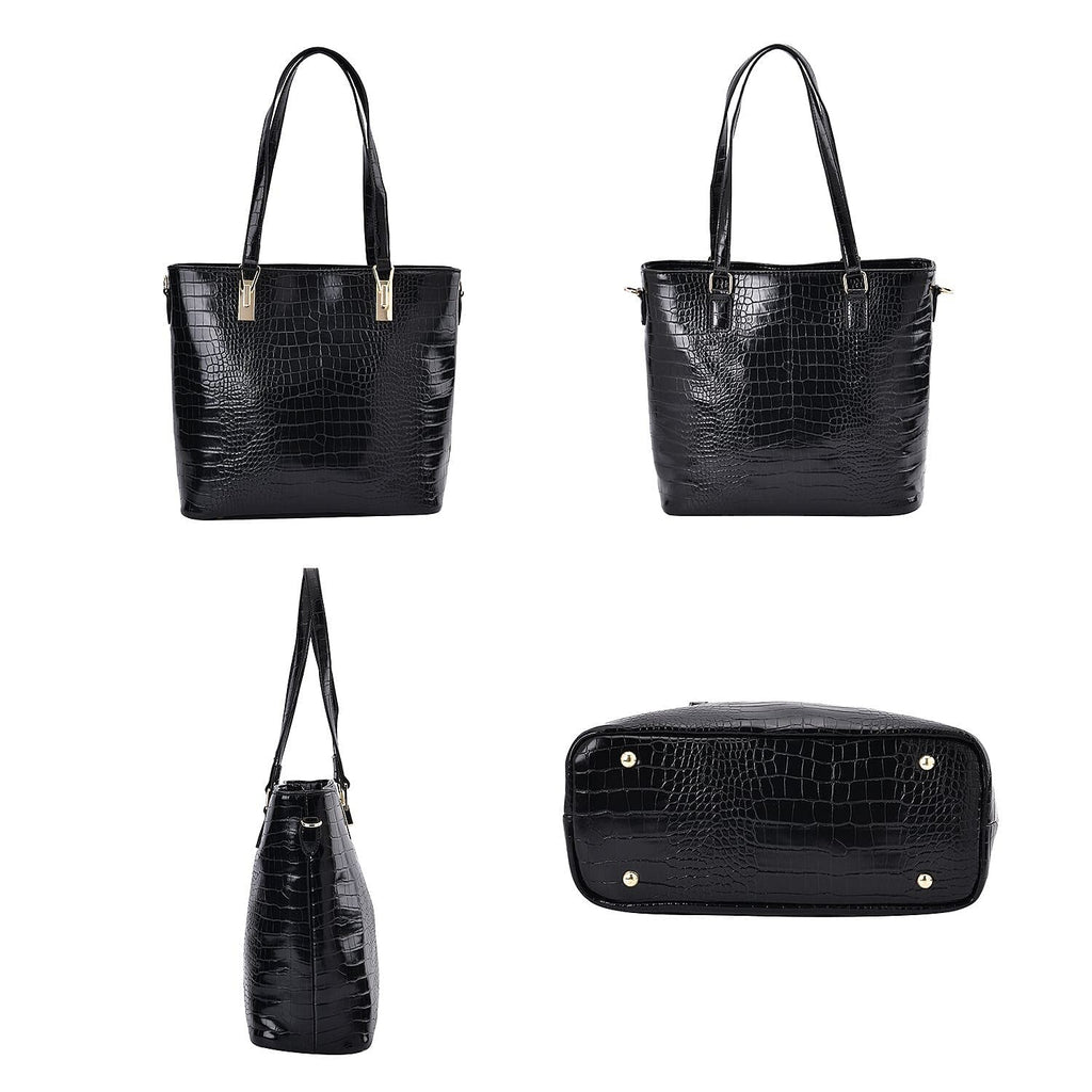 Set of 6 Croc Embossed Pattern Handbags (Incl. Tote Bag, Boston Bag, Crossbody Bag, Wallet, Wrist Bag, - Key Bag - Black