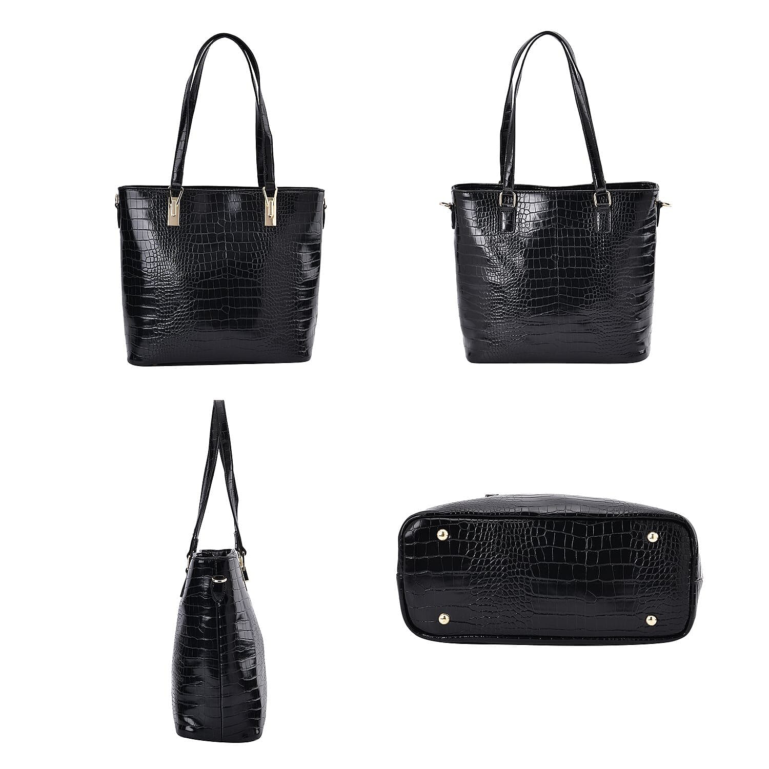 Set of 6 Croc Embossed Pattern Handbags (Incl. Tote Bag, Boston Bag, Crossbody Bag, Wallet, Wrist Bag, - Key Bag - Black