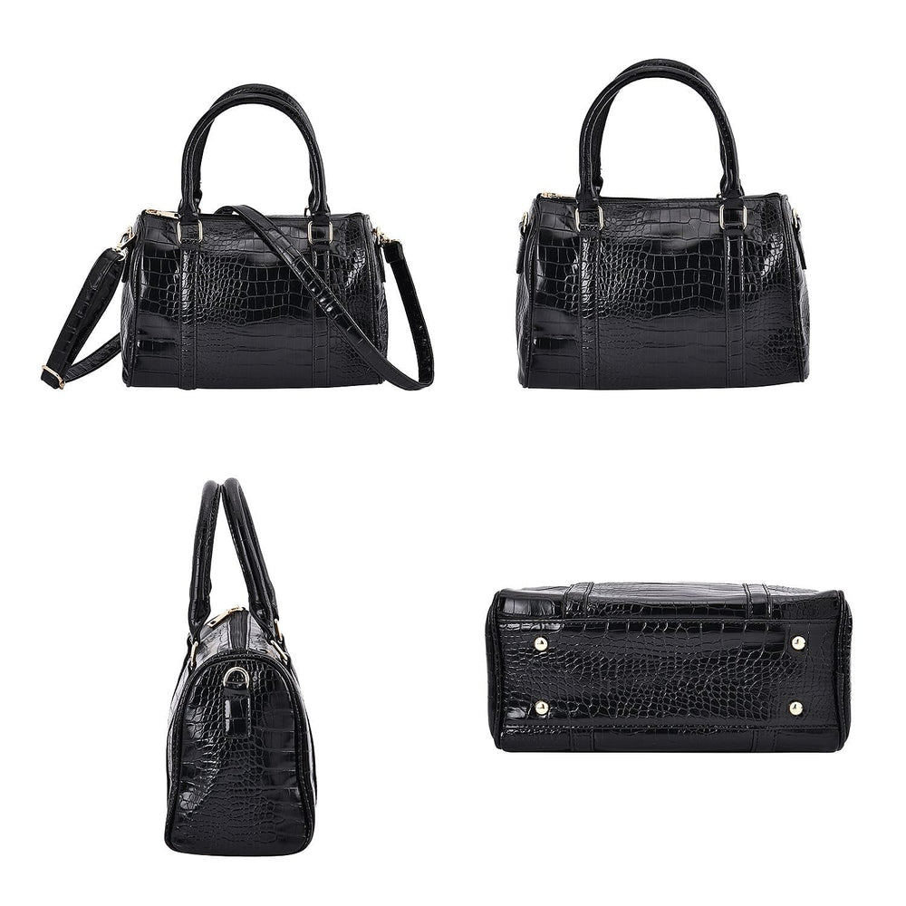 Set of 6 Croc Embossed Pattern Handbags (Incl. Tote Bag, Boston Bag, Crossbody Bag, Wallet, Wrist Bag, - Key Bag - Black