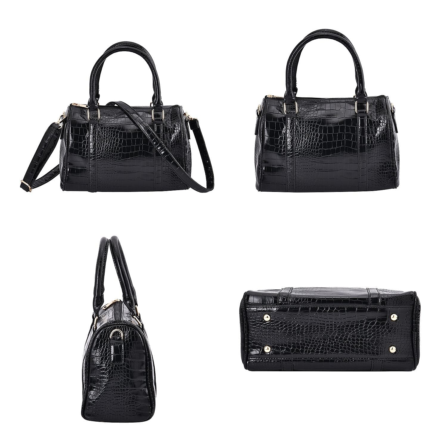 Set of 6 Croc Embossed Pattern Handbags (Incl. Tote Bag, Boston Bag, Crossbody Bag, Wallet, Wrist Bag, - Key Bag - Black