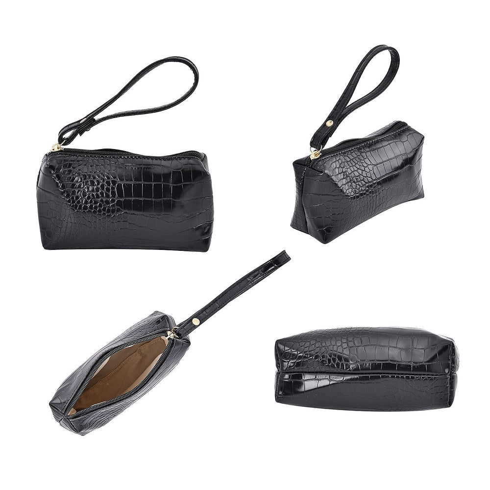 Set of 6 Croc Embossed Pattern Handbags (Incl. Tote Bag, Boston Bag, Crossbody Bag, Wallet, Wrist Bag, - Key Bag - Black