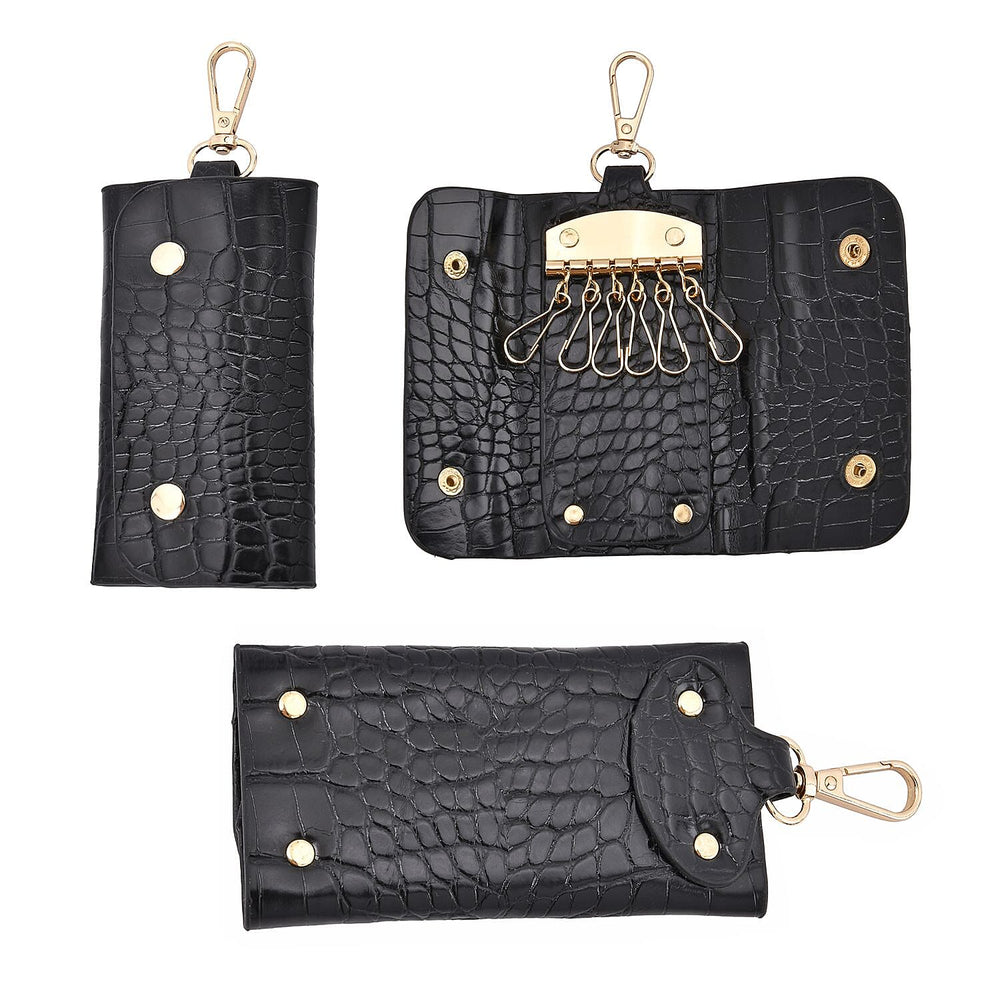 Set of 6 Croc Embossed Pattern Handbags (Incl. Tote Bag, Boston Bag, Crossbody Bag, Wallet, Wrist Bag, - Key Bag - Black