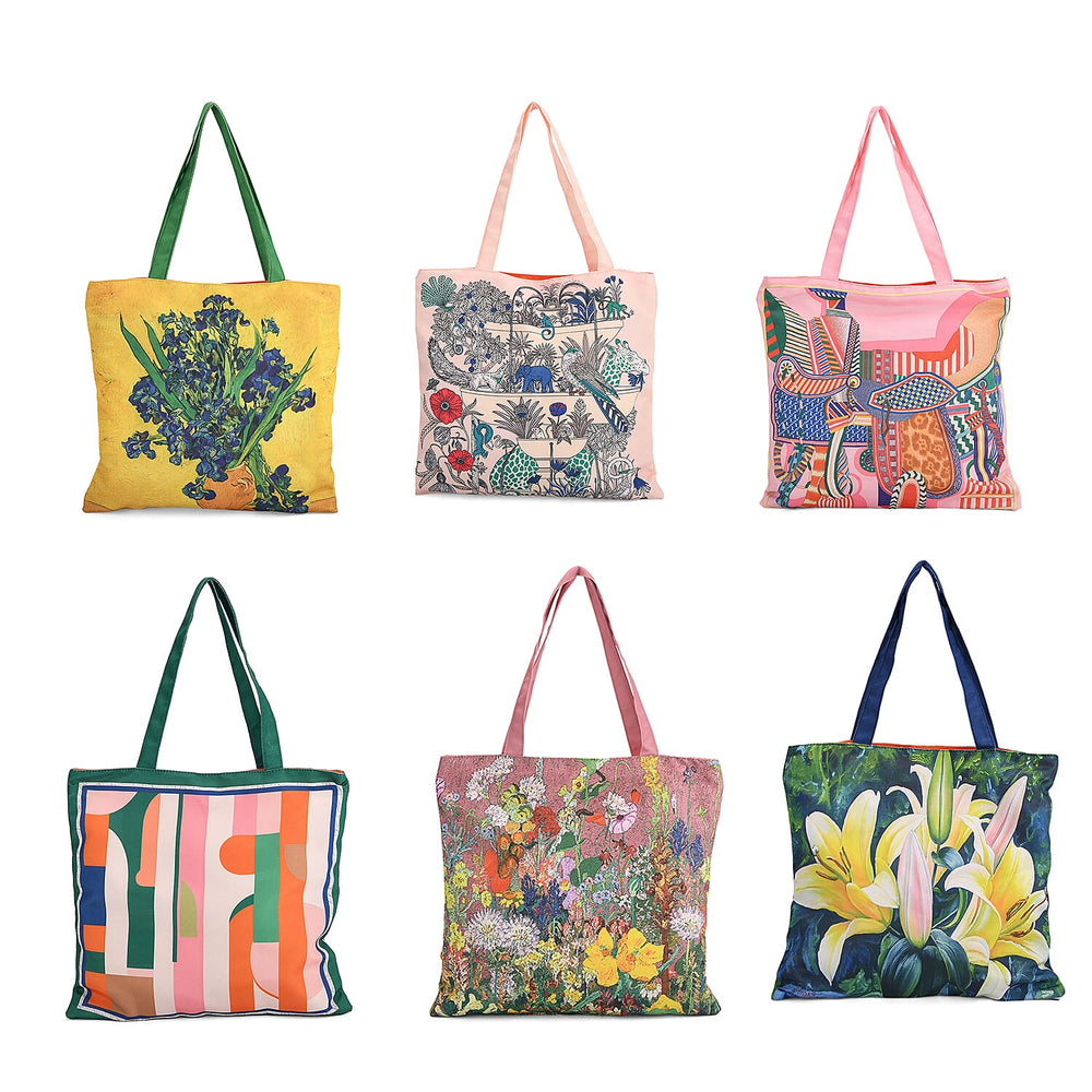 The Best Gifting offer - Designer Inspired Set of 6 Printed Reversible Zip Detail Tote Bags