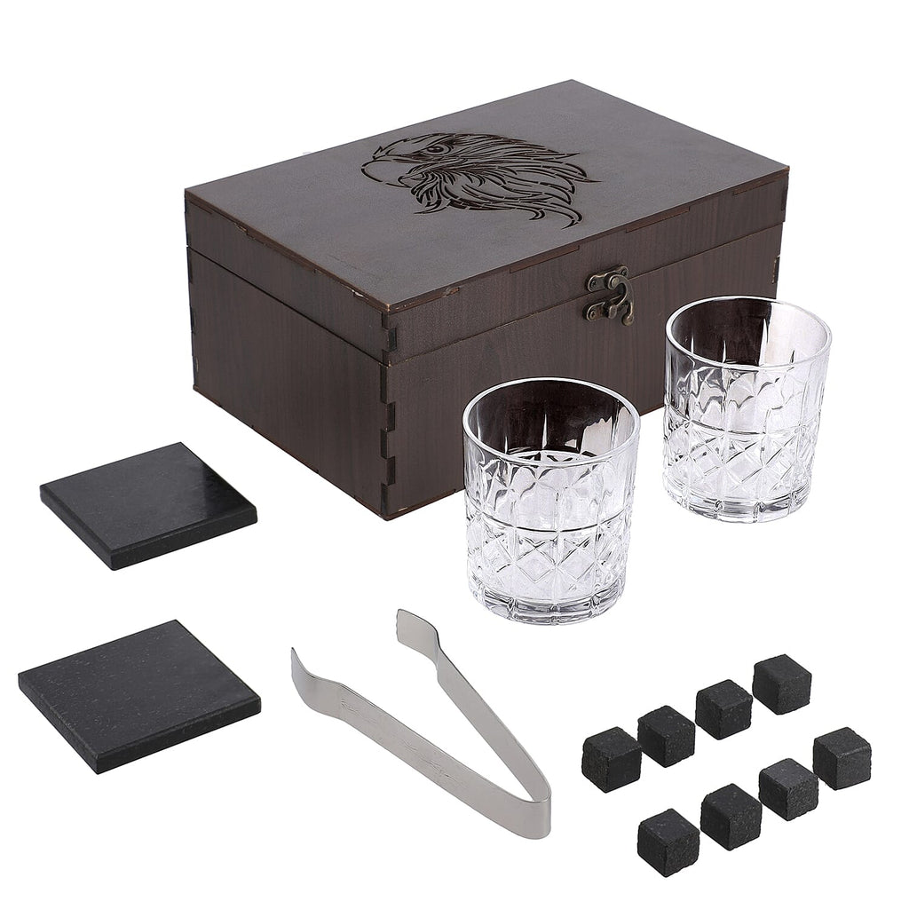 Set of 8 Whiskey Cooler Gemstones Eagle with Wooden Box (Size - 12cm) - Brown
