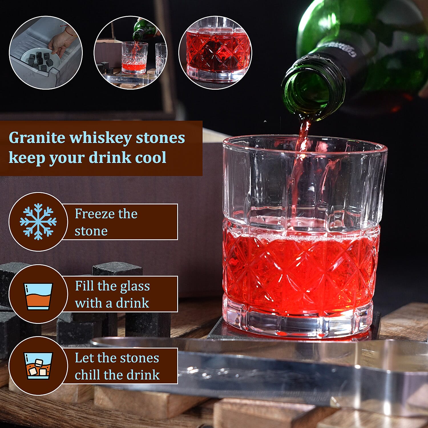 Set of 8 Whiskey Cooler Gemstones Eagle with Wooden Box (Size - 12cm) - Brown