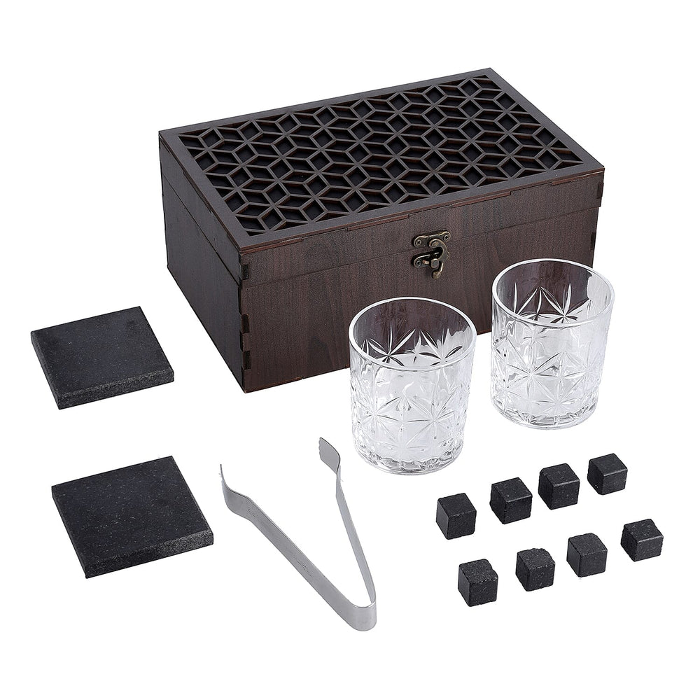 Set of 8 Whiskey Cooler Gemstones Geometry Wooden Box (Size - 12cm) - Brown