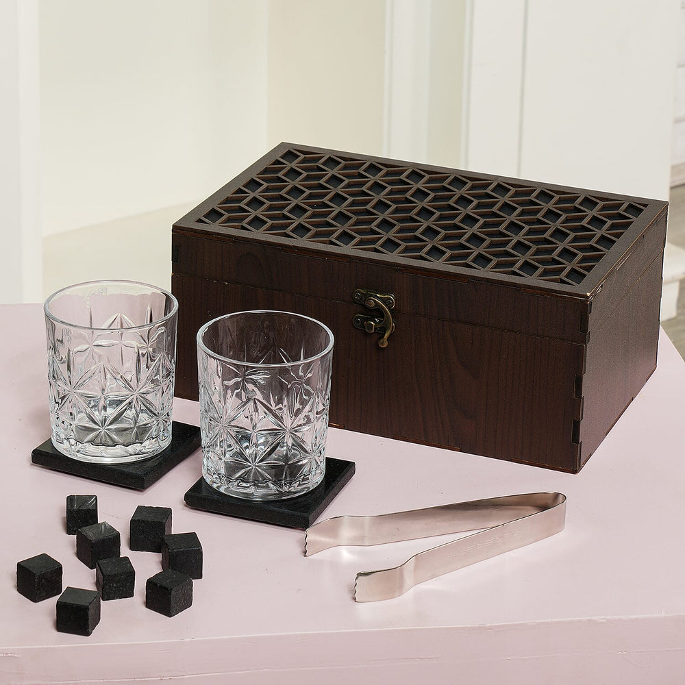 Set of 8 Whiskey Cooler Gemstones Geometry Wooden Box (Size - 12cm) - Brown