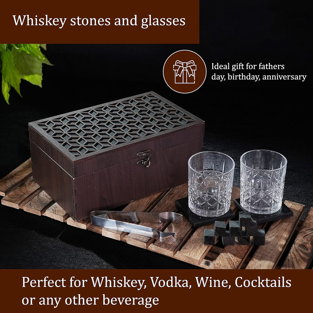 Set of 8 Whiskey Cooler Gemstones Geometry Wooden Box (Size - 12cm) - Brown