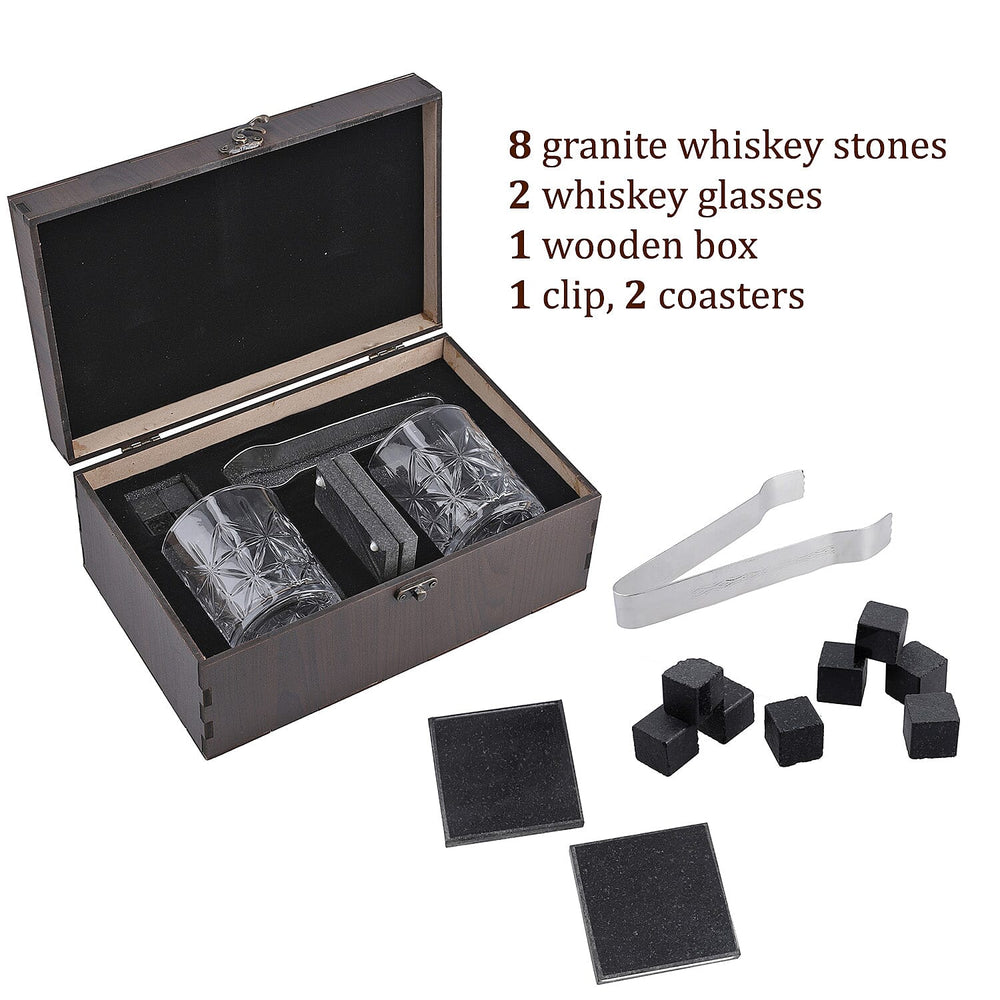 Set of 8 Whiskey Cooler Gemstones Geometry Wooden Box (Size - 12cm) - Brown