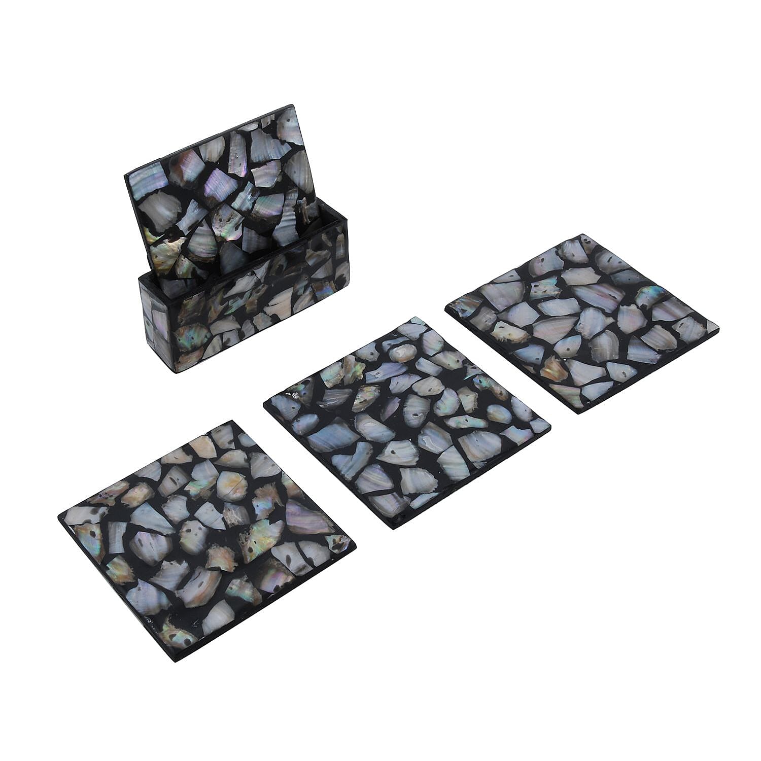 Set of 4 Capiz Shell Square Coasters with Holder - Black
