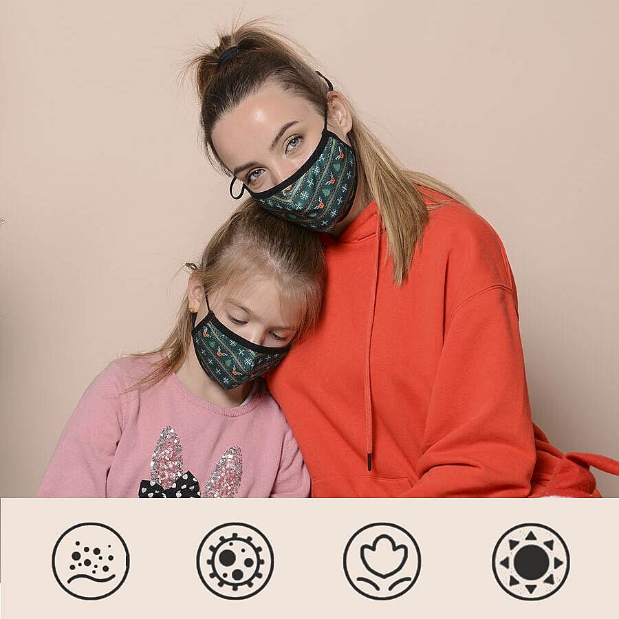 Set of 2 -  Christmas Print 100% Cotton Mask with Filter (Adult and Kid) - Green