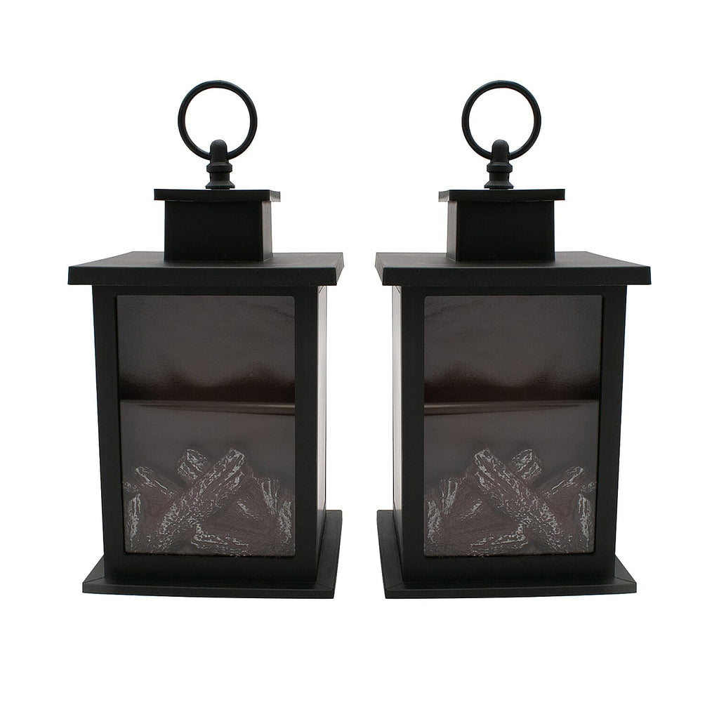 Set of 2 Fireplace Lantern with Warm Light (Requires 3AA Batteries) - Black