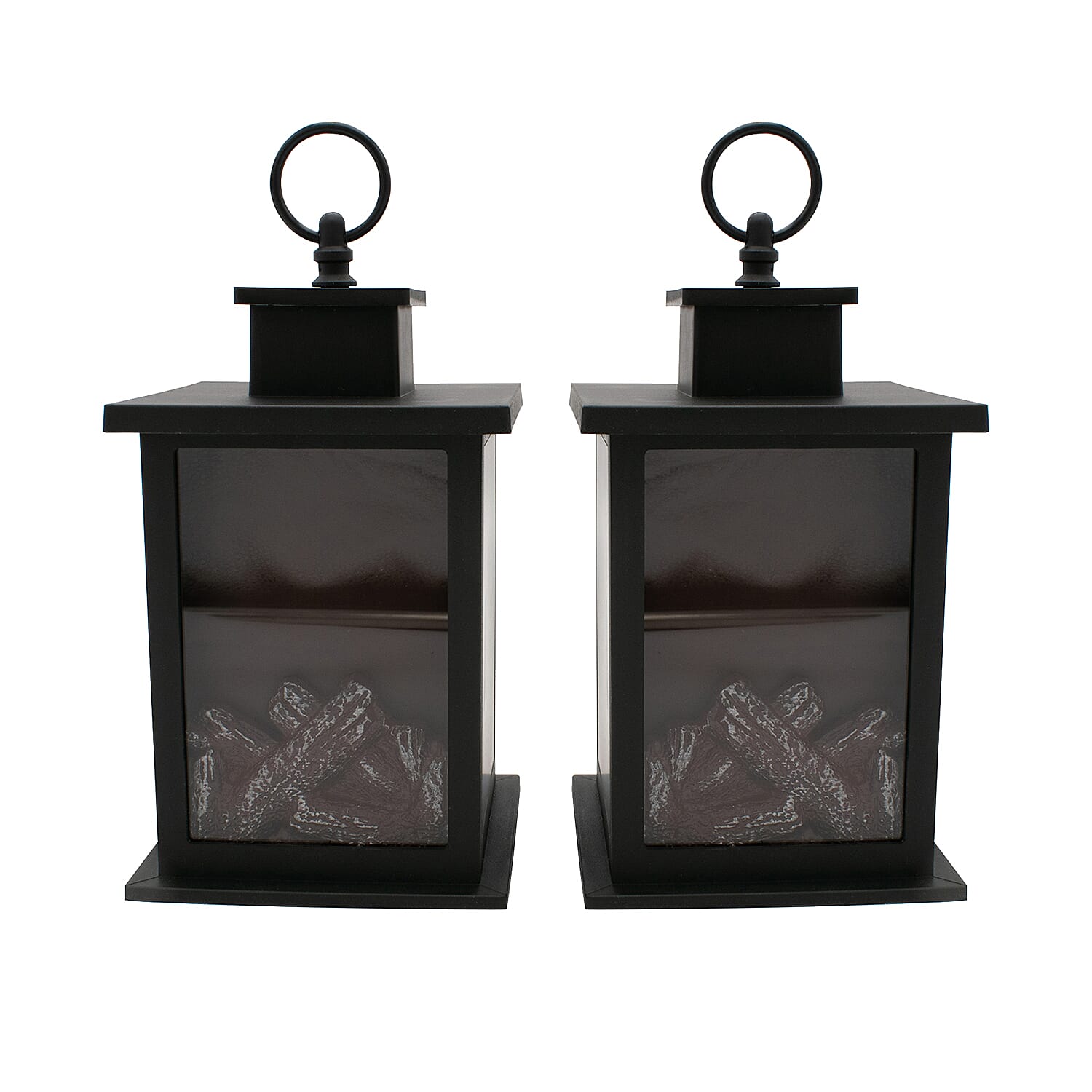 Set of 2 Fireplace Lantern with Warm Light (Requires 3AA Batteries) - Black