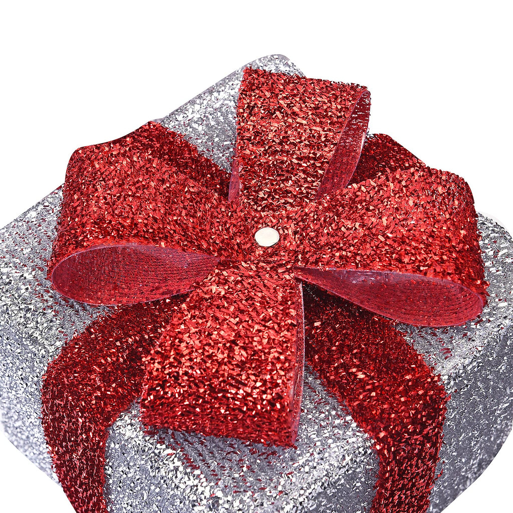 Set of 3 - 15,20,25cm Tall Lamp with Warm 40 LED Light - Red and Golden Ribbon