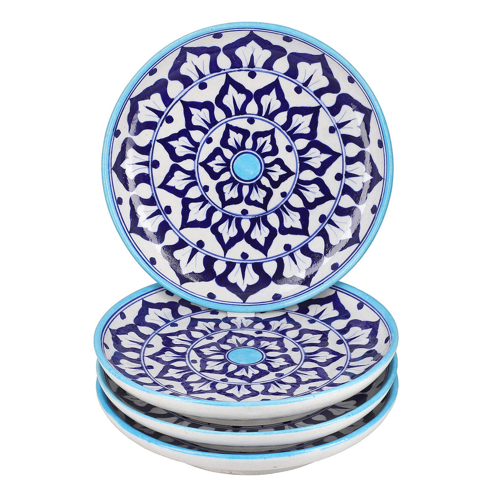 Jaipur Blue - Set of 4 Hand Painted Ceramic Plates (Size 25 Cm) - Blue & White