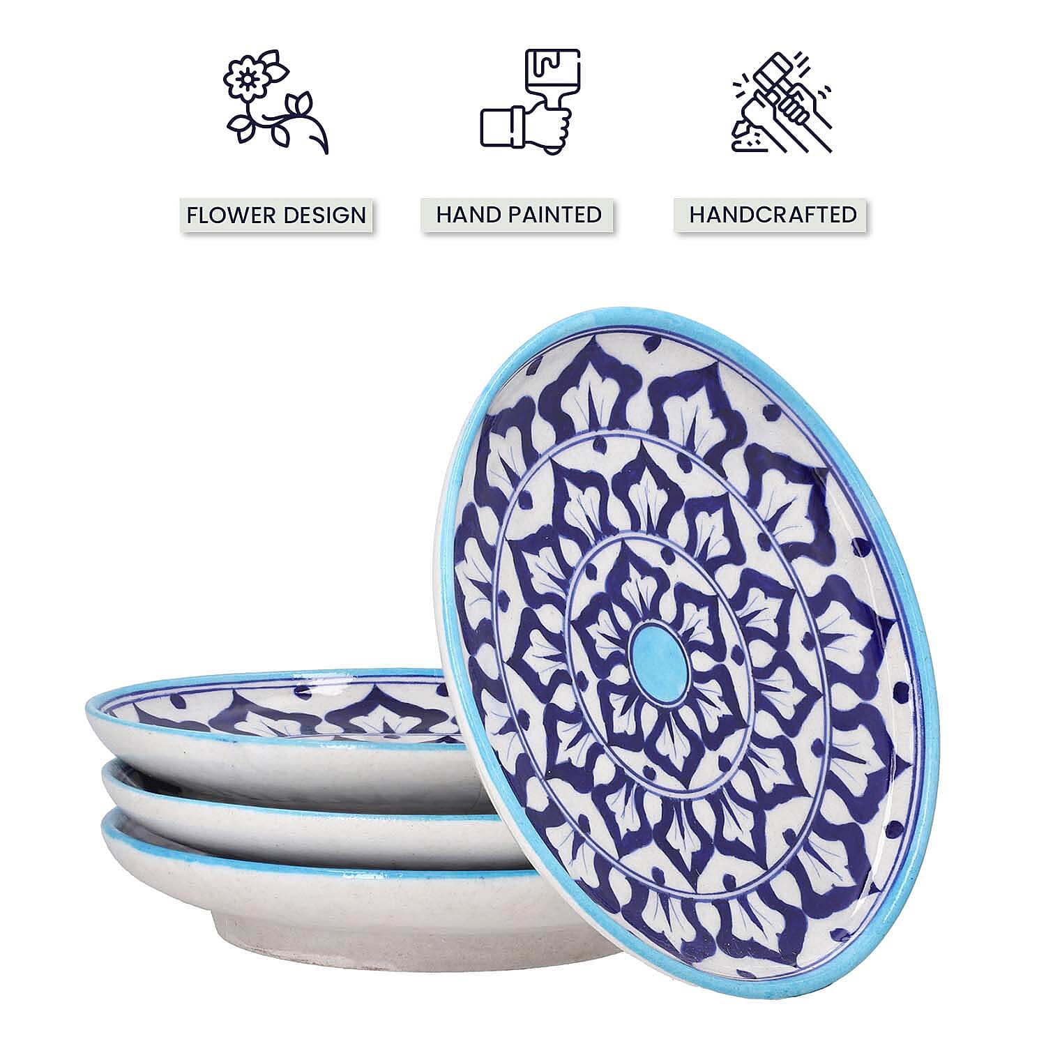 Jaipur Blue - Set of 4 Hand Painted Ceramic Plates (Size 25 Cm) - Blue & White