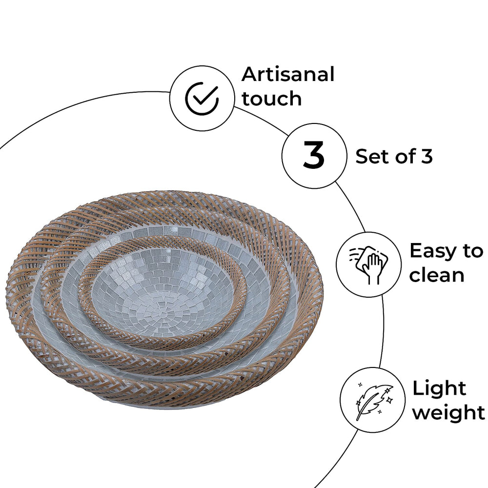 Set of 3 Handmade Mosaic Terracotta Rattan Bowl - Silver