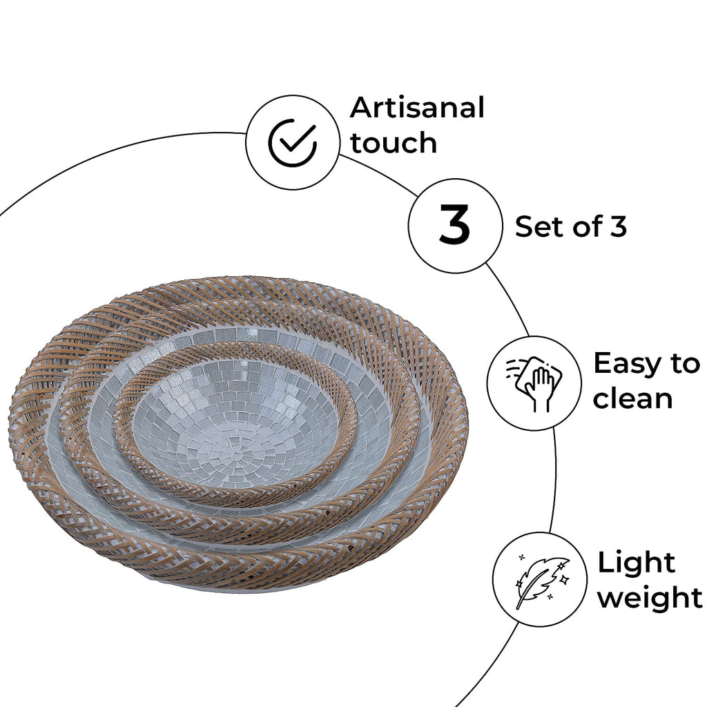 Set of 3 Handmade Mosaic Terracotta Rattan Bowl - Silver