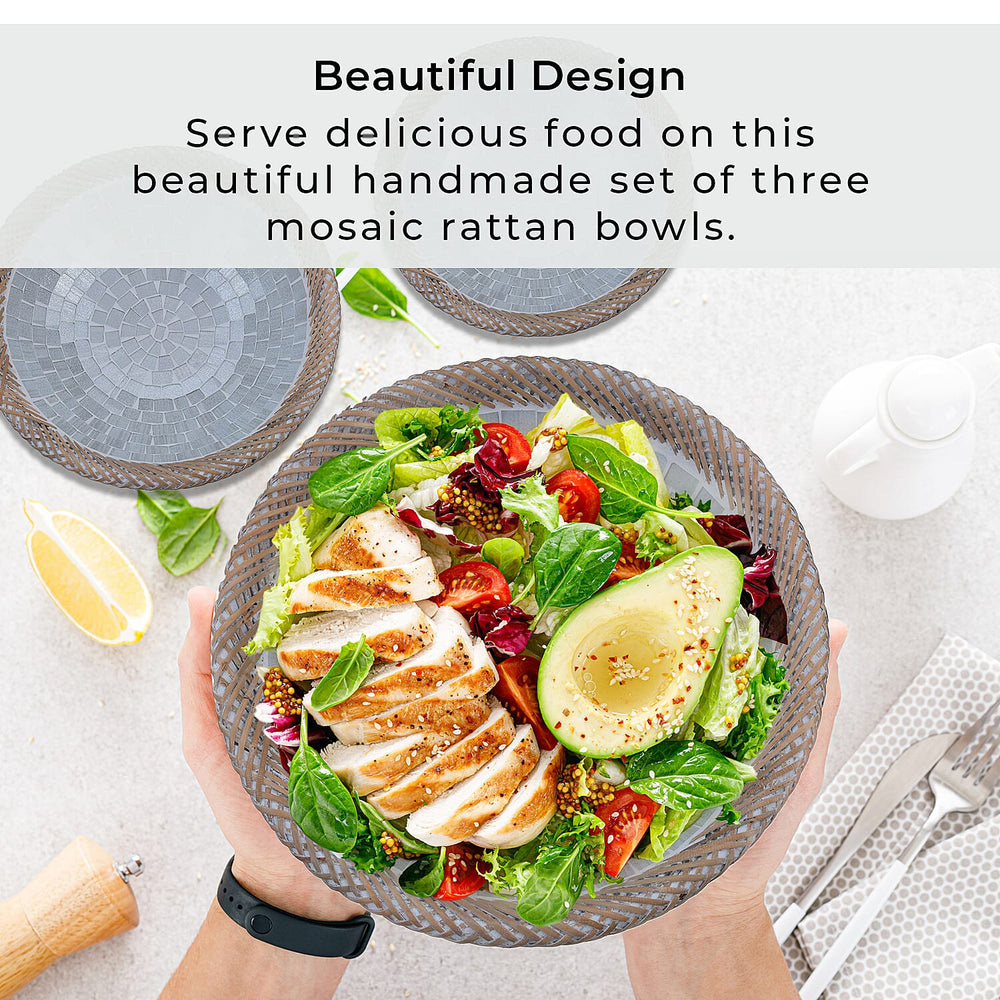 Set of 3 Handmade Mosaic Terracotta Rattan Bowl - Silver