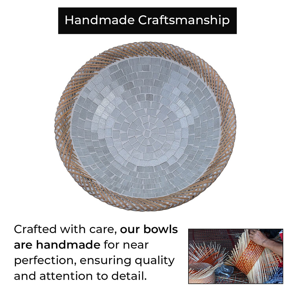 Set of 3 Handmade Mosaic Terracotta Rattan Bowl - Silver