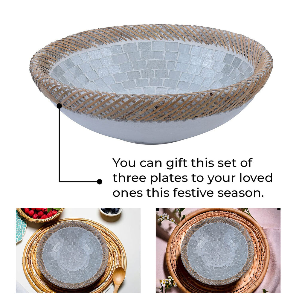 Set of 3 Handmade Mosaic Terracotta Rattan Bowl - Silver