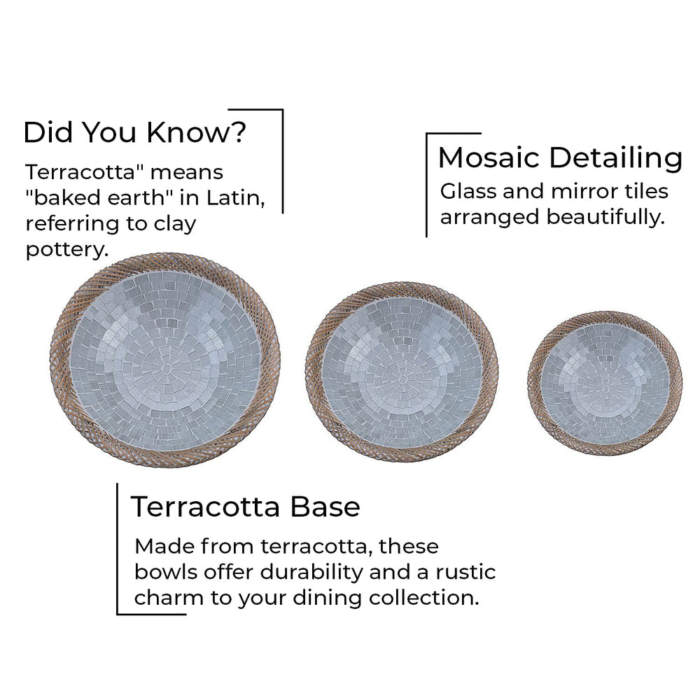 Set of 3 Handmade Mosaic Terracotta Rattan Bowl - Silver
