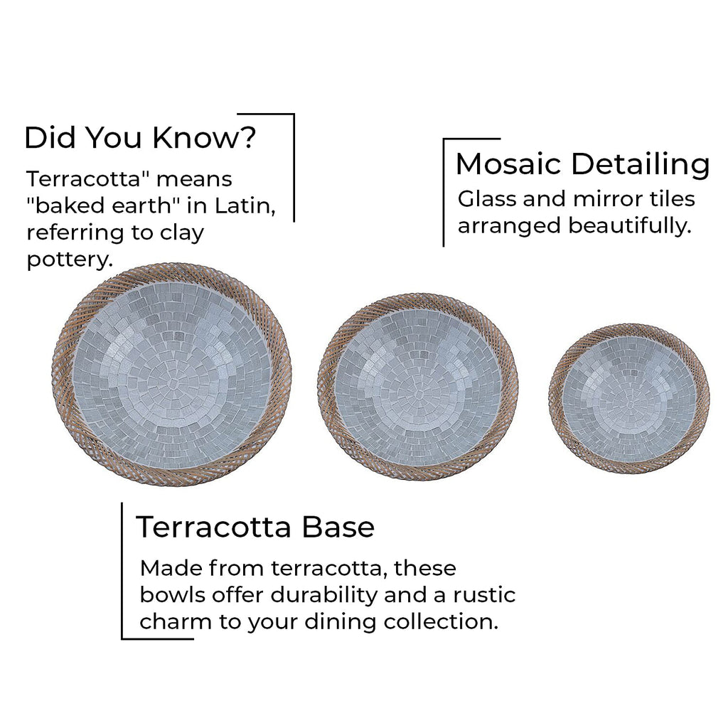 Set of 3 Handmade Mosaic Terracotta Rattan Bowl - Silver