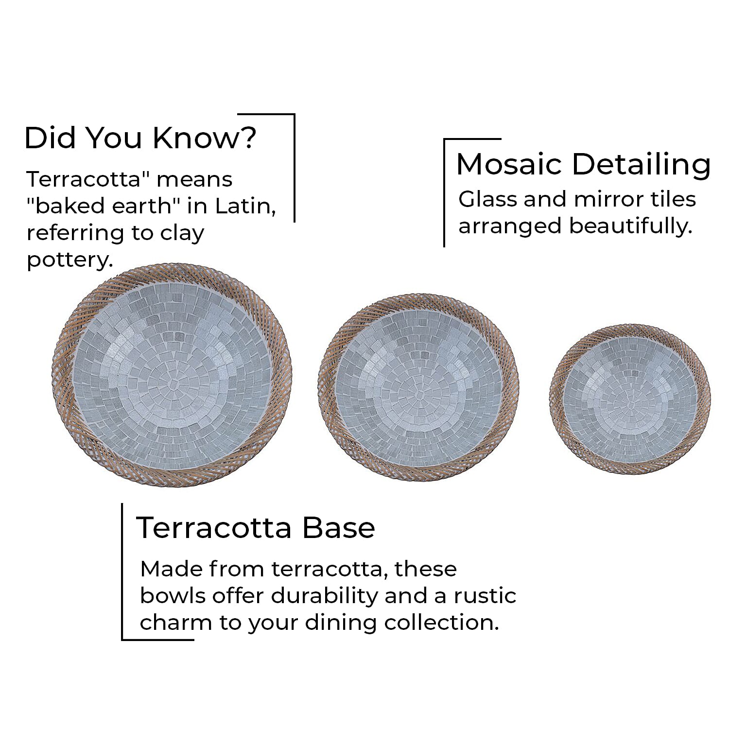 Set of 3 Handmade Mosaic Terracotta Rattan Bowl - Silver