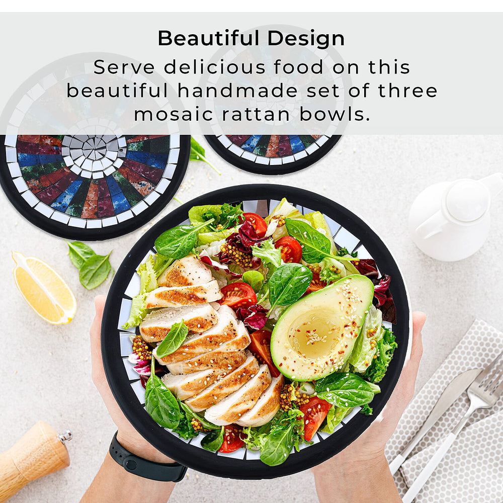 Set of 3 Handmade Mosaic Terracotta Rattan Round Bowl - Multi