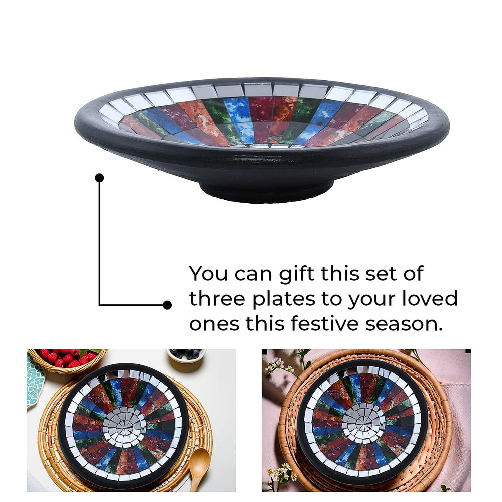 Set of 3 Handmade Mosaic Terracotta Rattan Round Bowl - Multi