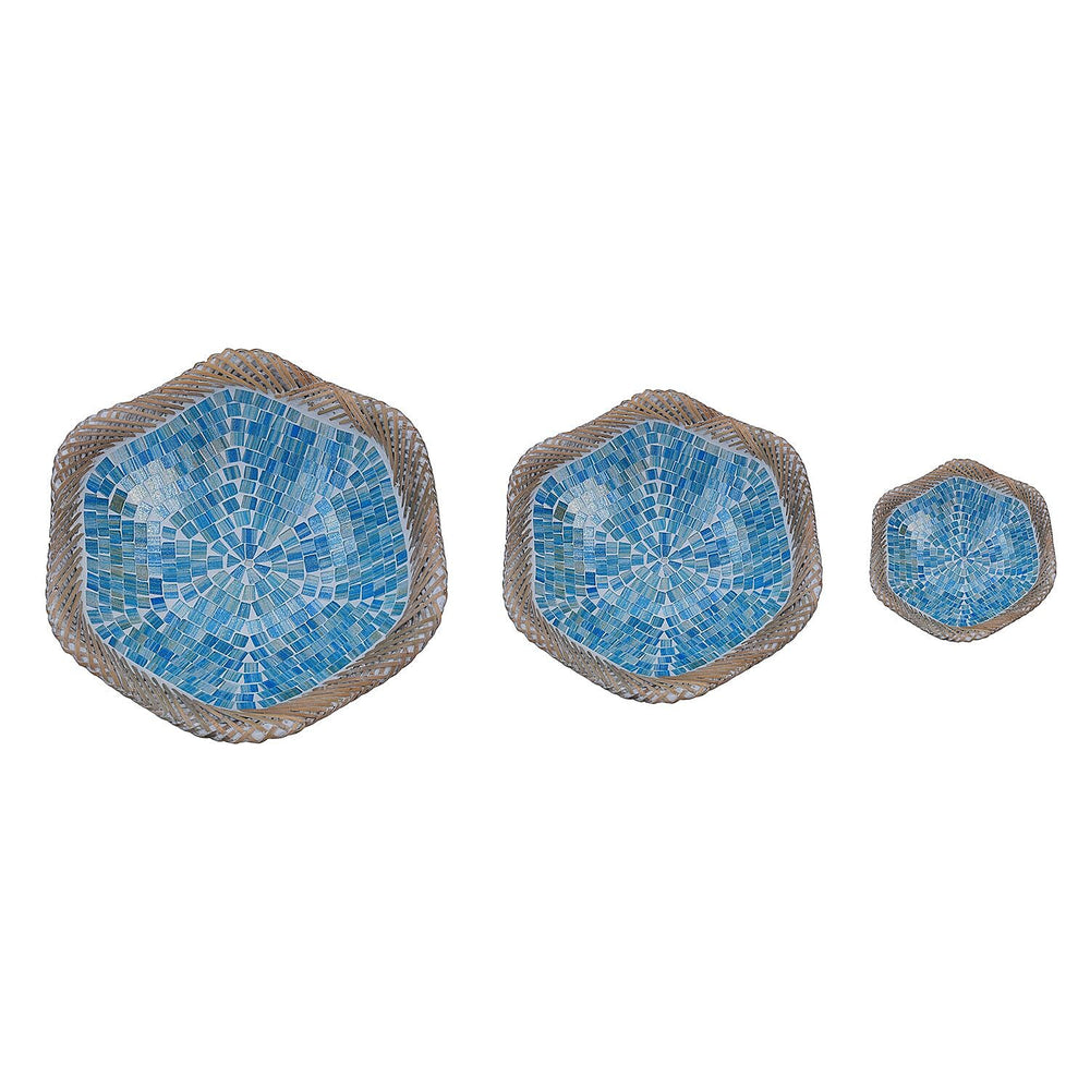 Set of 3 Mosaic Terracotta Handmade Rattan Bowl - Blue