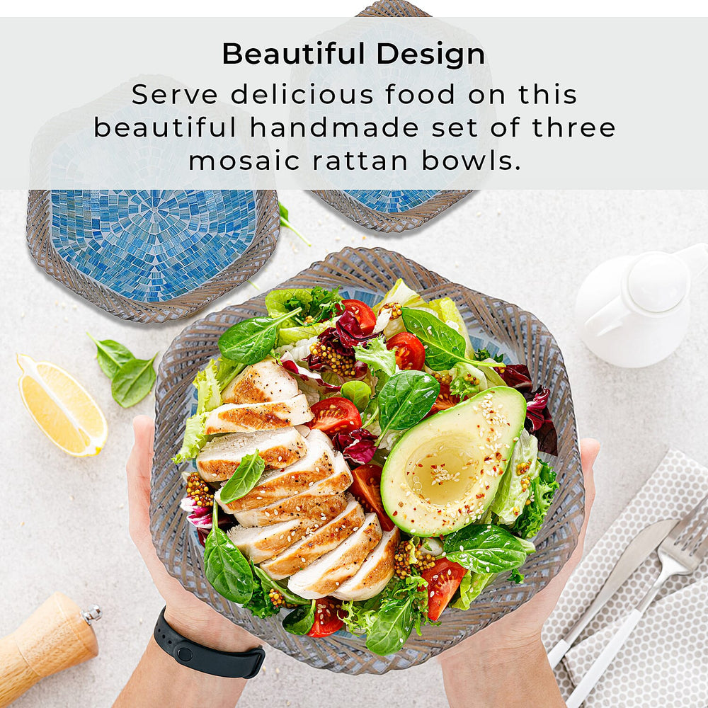 Set of 3 Mosaic Terracotta Handmade Rattan Bowl - Blue