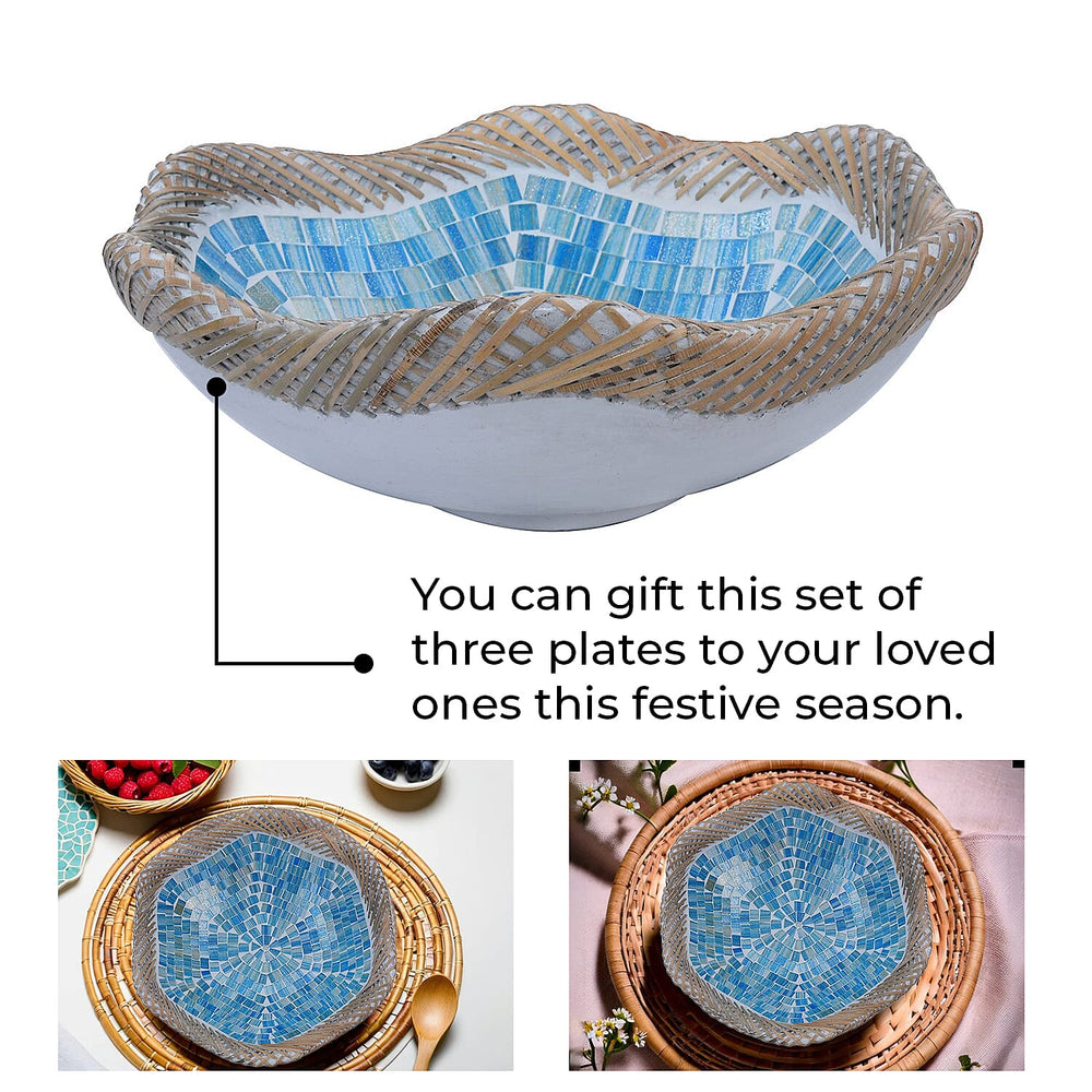 Set of 3 Mosaic Terracotta Handmade Rattan Bowl - Blue