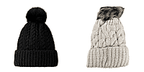 Set of Two- Chunky Cable Knit Beanie Hat with Faux Fur Pom-Pom - Black - Beige