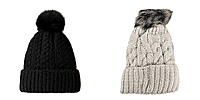 Set of Two- Chunky Cable Knit Beanie Hat with Faux Fur Pom-Pom - Black - Beige