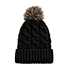 Set of Two-Chunky Cable Knit Double layer Sherpa Beanie Hat with Faux Fur Pom-Pom - Black
