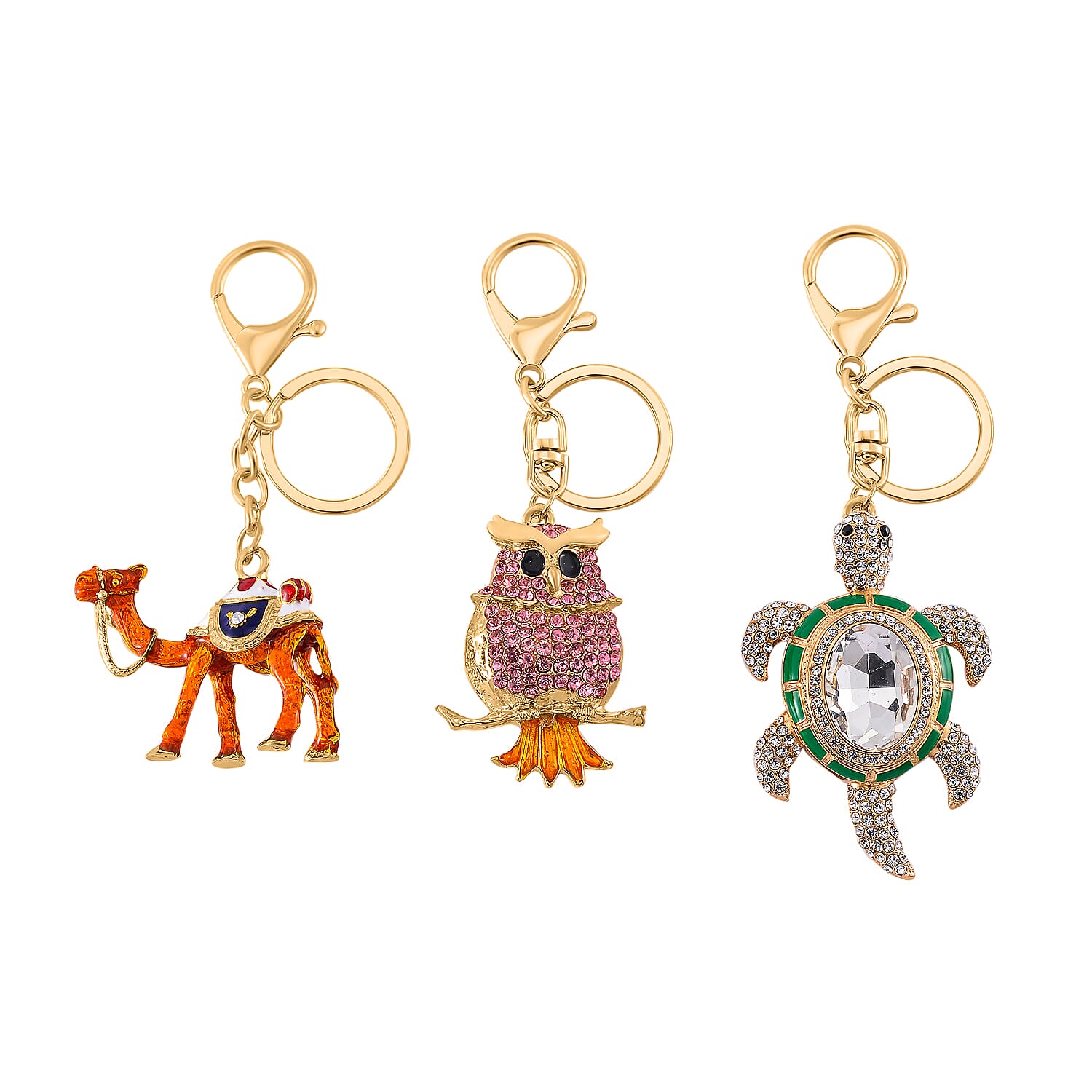Set of 3 Crystal Key Chain in Yellow Gold Colour Plating. 1.Owl with Pink Crystal &
