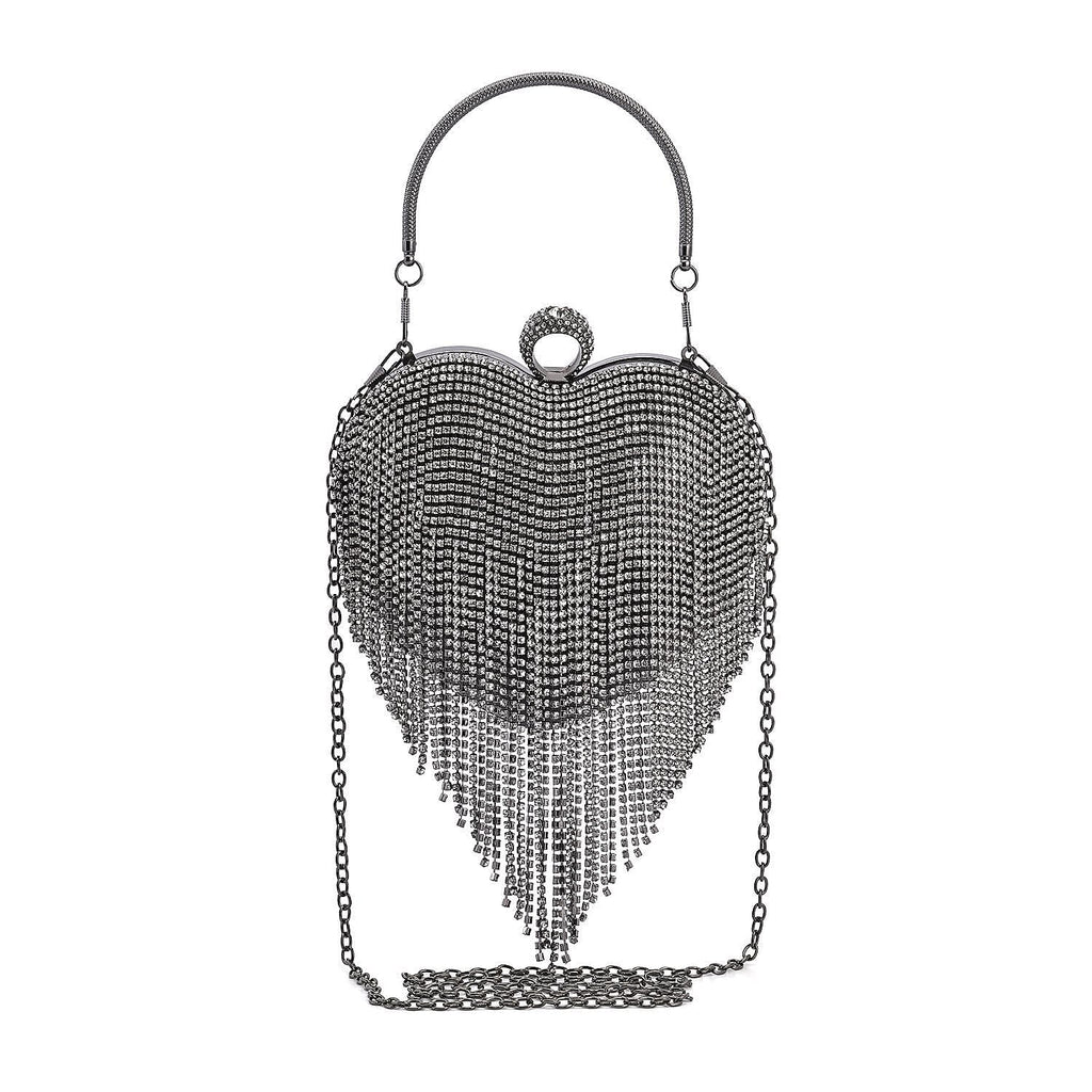 Sheeny Heart Shape Tassel Evening Clutch Bag (Size 15x16 Cm) - Black