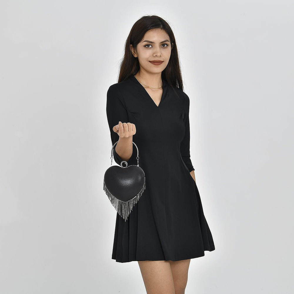Sheeny Heart Shape Tassel Evening Clutch Bag (Size 15x16 Cm) - Black