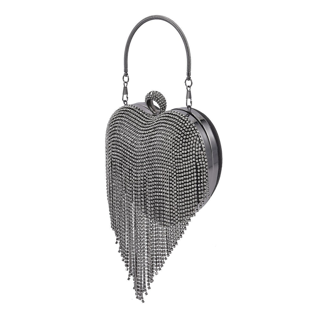 Sheeny Heart Shape Tassel Evening Clutch Bag (Size 15x16 Cm) - Black